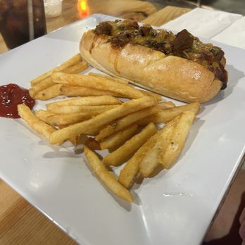 Masters BrewHouse - Chili cheese brat with regular fries - Breweries Near Me - Deer Park, Washington
