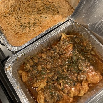Andiamo Takeout Bistro - Chicken Marsala next to Spaghetti in Vodka sauce - Italian Near Me - Williamsville, New York