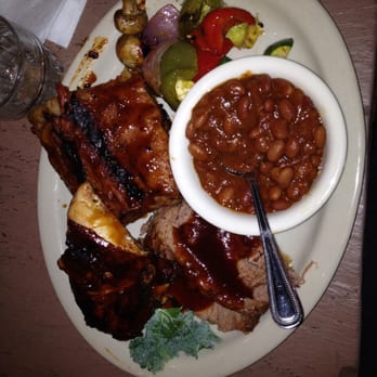Bobby Q - Three meat plate: baby back ribs, beef brisket and the BBQ chicken w/ veggies and beans-sooo good! - Barbeque Near Me - Phoenix, Arizona