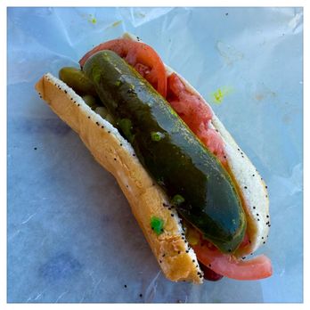 Paradise Pup - Chicago Dog - A hot dog features a sausage in a bun topped with a large pickle, slices of tomato, and other condiments. The hot dog is placed on a light-colored paper surface with some yellow and dark spots. The bun is sprinkled with black poppy seeds, and the toppings include a green pickle and slices of tomato, with some sauce or mustard visible. - Fast Food Near Me - Des Plaines, Illinois