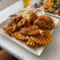The Pub at North Coast Brewing - Half shrimp and Fish & Chips (garlic waffle fries)