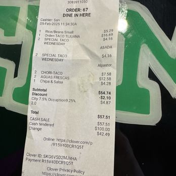 Tacos Los Hermanos - Receipt. Saved money and paid cash. - Mexican Near Me - Lincoln, Nebraska Tacos Los Hermanos - Receipt. Saved money and paid cash. - Mexican Near Me - Lincoln, Nebraska