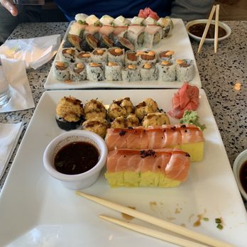 Forty Five Degrees - Top to bottom: Corona Roll, Piranha Roll, Ocean Roll, Spicy Tuna Roll, Spicy Salmon Roll, Dynamite Roll, and Salmon Diablo Roll - Sushi Bars Near Me - Indianapolis, Indiana