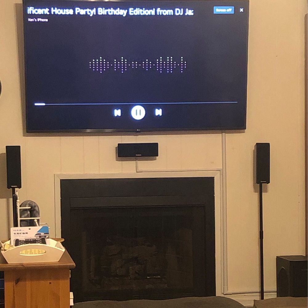 Modtech Design - TV, Roku device and digital antenna (behind the TV) and 4 of the 6 pieces of the surround sound. - Home Theatre Installation Near Me Modtech Design - TV, Roku device and digital antenna (behind the TV) and 4 of the 6 pieces of the surround sound. - Home Theatre Installation Near Me