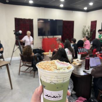 Baba's Coffee Corner - Fig Matcha with cold foam & knafeh on top - Coffee & Tea Near Me - Orange, California