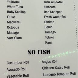 AYCE menu - skewers, nigiri, no fish rolls, dessert