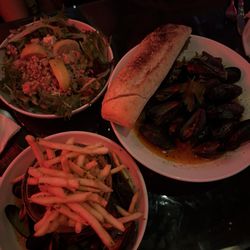 Mussels and frites, PEI mussels, Greek farro salad