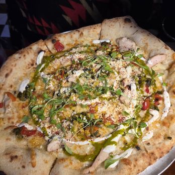 The Ridge House - Elote Pizza (Monterrey jack cheese, corn, poblano peppers, red peppers, chicken, totija cheese, lime creme, cilantro & adobo vinaigrette). - Burgers Near Me - Wood-Ridge, New Jersey The Ridge House - Elote Pizza (Monterrey jack cheese, corn, poblano peppers, red peppers, chicken, totija cheese, lime creme, cilantro & adobo vinaigrette). - Burgers Near Me - Wood-Ridge, New Jersey
