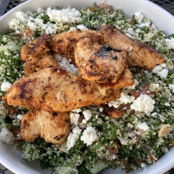 Acropolis - Couscous salad with chicken and raisins and almonds in a lemon mint dressing - Greek Near Me - Harker Heights, Texas Acropolis - Couscous salad with chicken and raisins and almonds in a lemon mint dressing - Greek Near Me - Harker Heights, Texas