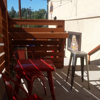 Downshift Brewing - Cool tiered patio down the side of the building - Pizza Near Me - Ruidoso, New Mexico