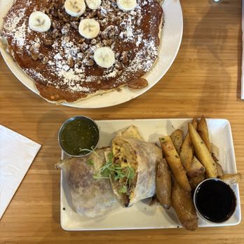 Early Bird - Buckwheat pancakes, skillet fries, and breakfast burrito. - New American Near Me - Fullerton, California Early Bird - Buckwheat pancakes, skillet fries, and breakfast burrito. - New American Near Me - Fullerton, California