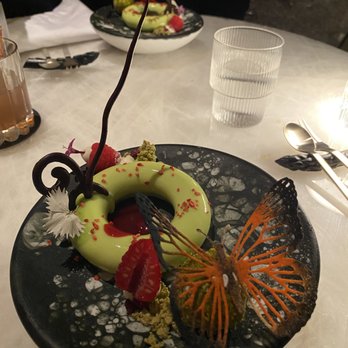 Le Jardinier - THE BUTTERFLY, YUZU DELICATE MOUSSE AND RASPBERRY COMPOTE, PISTACHIO SABLÉ - French Near Me - Houston, Texas