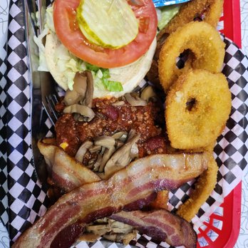 Mel's Diner - James' Works Cheeseburger with onion ring upgrade - Diners Near Me - Pigeon Forge, Tennessee Mel's Diner - James' Works Cheeseburger with onion ring upgrade - Diners Near Me - Pigeon Forge, Tennessee