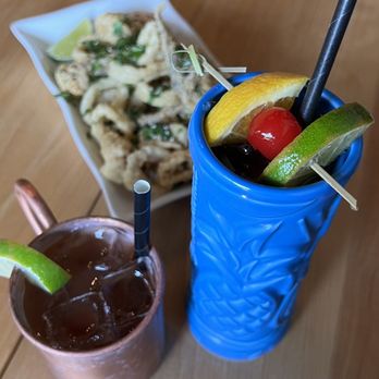 Seared - Moscow mule & rum forest rum with calamari in the back - Seafood Near Me - Petaluma, California
