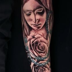Slick Vision Tattoo and Laser Removal - Rose tattoo with the Virgin Mary