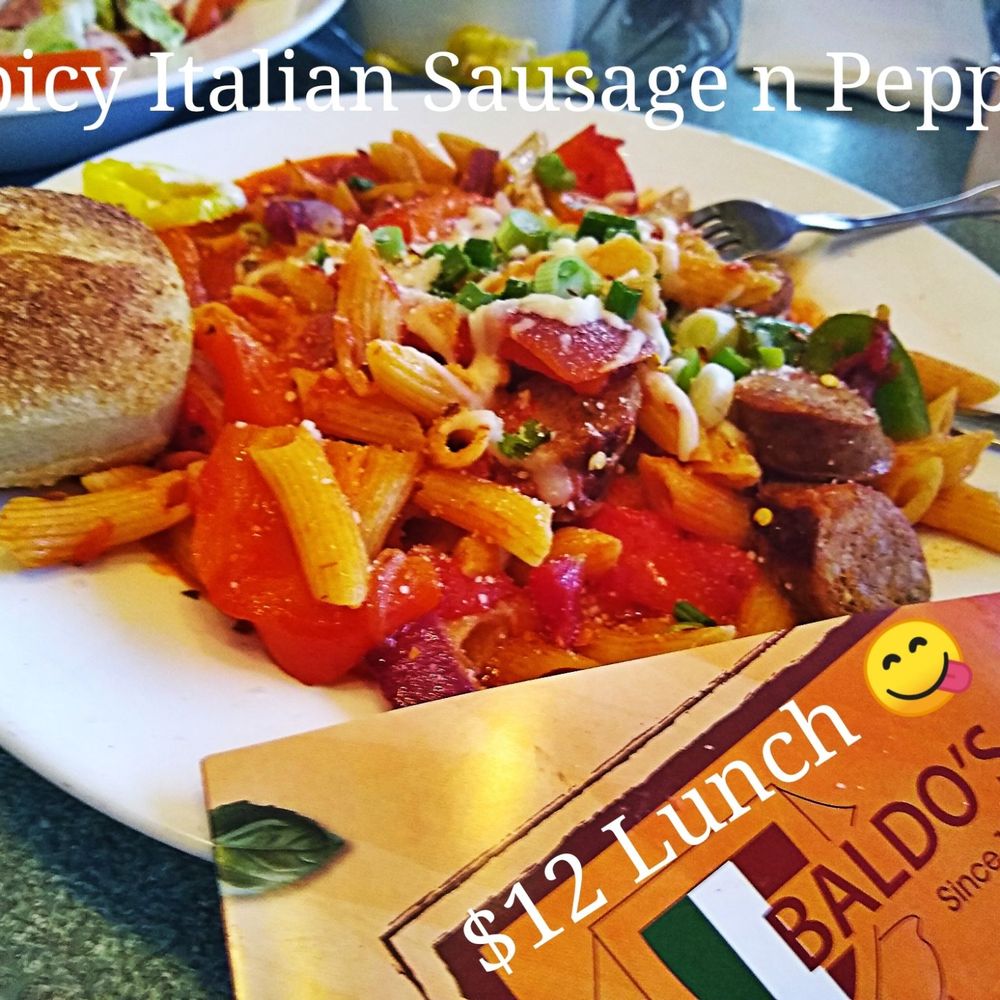Baldo's Restaurant - Mega Deal  Wowed Spicy Italian Sausage Peppers Onions over Pasta  on the cheap, could only eat half - Pizza Near Me - Brownstown Township, Michigan