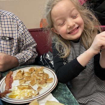 Flo's Pancake House - Kids pancake breakfast: 1 pancake, 1 egg, 1 strip bacon (stole a piece of uncle's toast) - Breakfast & Brunch Near Me - Anchorage, Alaska
