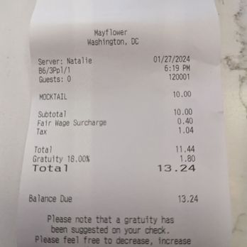 The Mayflower Club - Mocktail. Fair wage surcharge. Automatic gratuity - Dance Clubs Near Me - Washington, DC, District of Columbia The Mayflower Club - Mocktail. Fair wage surcharge. Automatic gratuity - Dance Clubs Near Me - Washington, DC, District of Columbia