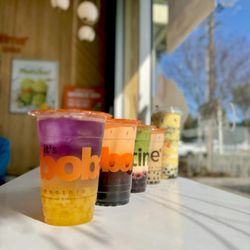 [L to R] Galaxy Iced Tea w/Mango Stars, Thai Tea w/Boba, Strawberry Matcha w/Boba, Brown Sugar Milk Tea w/Boba, Matcha Brûlée w/Boba