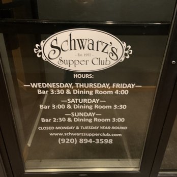 Schwarz's Supper Club - Front door with hours. - New American Near Me - New Holstein, Wisconsin