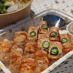 The Green Leaf Sushi - Hotate (scallop) oshi, sockeye salmon oshi