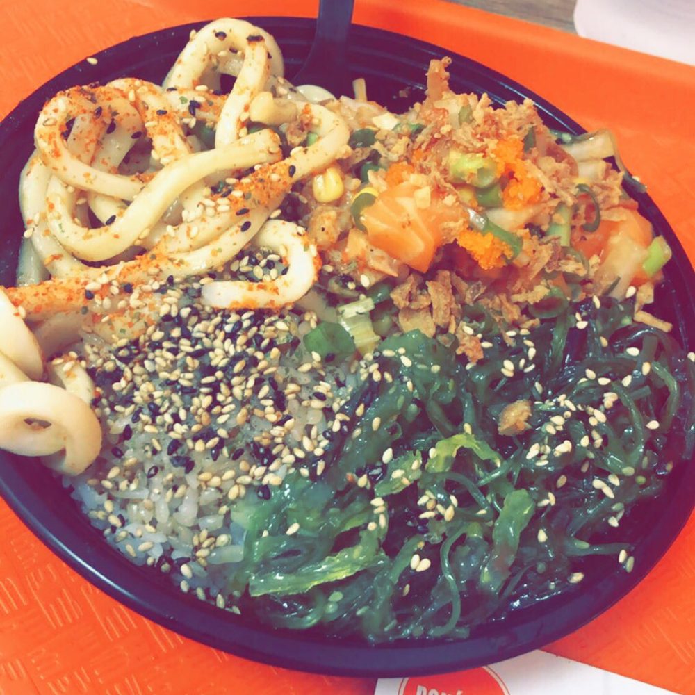 Salmon and shrimp with the house spicy sauce and veggies. Seaweed salad Rice and udon noodles. Salmon and shrimp with the house spicy sauce and veggies. Seaweed salad Rice and udon noodles.