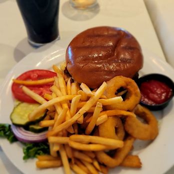 JC's Restaurant - Bleu cheese burger w/ 1/2 fries and 1/2 onion rings - American Near Me - Manorville, New York