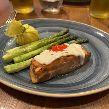 Balos Estiatorio - Grilled Ora King Salmon topped cauliflower sauce and tobiko with a side of asparagus - Seafood Near Me - Washington, DC, District of Columbia