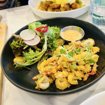 Burnt Orange - Buttermilk Crispy Calamari 21.00 Fried Banana Peppers, Fresh Greens, Burnt Orange Chipotle Aioli - Breakfast & Brunch Near Me - Burnaby, British Columbia