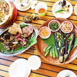 Hai Au Lang Nuong - Grilled Eggplant and Okra, Grilled Cockles with Tamarind Sauce, Suckling Pig Trotters Thai Style Soup