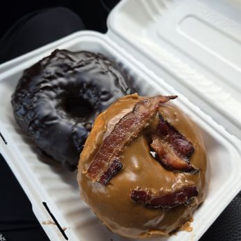 Montclair Bread Company - Maple bacon glazed donut on top of a fudge covered sourdough donut. - Bakeries Near Me - Montclair, New Jersey Montclair Bread Company - Maple bacon glazed donut on top of a fudge covered sourdough donut. - Bakeries Near Me - Montclair, New Jersey