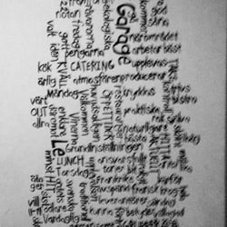 Bistro Le Garage - Wall-art with a lot of words in Swedish that symbolizes the restaurant such as "family, "honesty", "spices", "local produce" etc