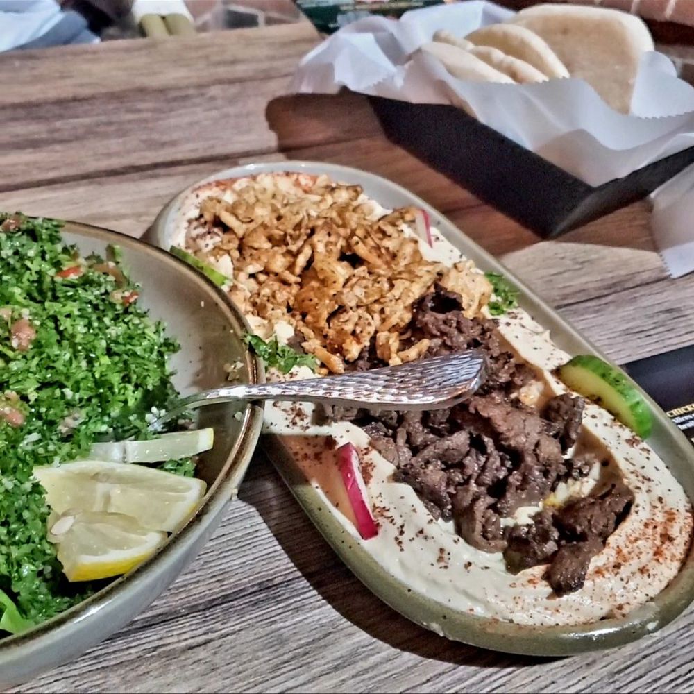 Mazaj Atlanta - Hummus with beef/chicken mix - Salad Near Me - Duluth, Georgia Mazaj Atlanta - Hummus with beef/chicken mix - Salad Near Me - Duluth, Georgia