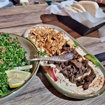 Mazaj Atlanta - Hummus with beef/chicken mix - Salad Near Me - Duluth, Georgia Mazaj Atlanta - Hummus with beef/chicken mix - Salad Near Me - Duluth, Georgia