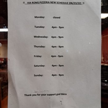 Via Roma Pizzeria - Hours - 4 to 9 pm Tue to Sun. Closed on Mondays. - Italian Near Me - Lincoln, California Via Roma Pizzeria - Hours - 4 to 9 pm Tue to Sun. Closed on Mondays. - Italian Near Me - Lincoln, California