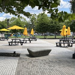 Axe & Arrow Brewing - View of the plaza from under the tent