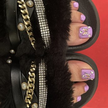 V-1 Nails Beauty Salon - Gel pedicure with butterfly stamp, rhinestones & toe extensions. - Nail Salons Near Me - Arcadia, California V-1 Nails Beauty Salon - Gel pedicure with butterfly stamp, rhinestones & toe extensions. - Nail Salons Near Me - Arcadia, California