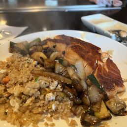 Salmon hibachi, vegetables and fried rice Salmon hibachi, vegetables and fried rice