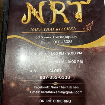 Nara Thai Kitchen - Front of menu with address etc - Thai Near Me - Xenia, Ohio