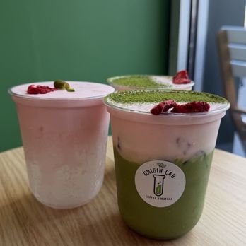 Origin Lab Coffee & Matcha - Matcha strawberry nimbus(2) and sparking strawberry nimbus - Coffee & Tea Near Me - San Francisco, California