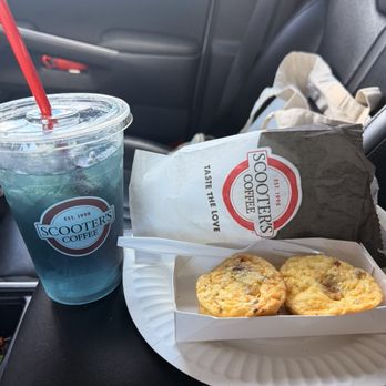 Scooter's Coffee - Gouda Bacon Egg Bites and Medium Iced Apocalypse Redbull Infusion - Coffee & Tea Near Me - San Antonio, Texas Scooter's Coffee - Gouda Bacon Egg Bites and Medium Iced Apocalypse Redbull Infusion - Coffee & Tea Near Me - San Antonio, Texas