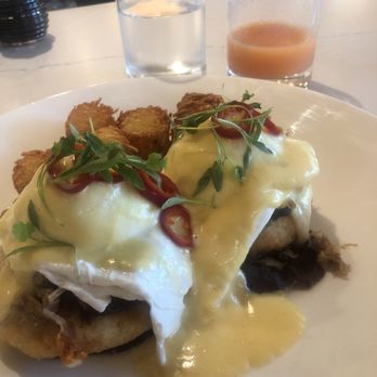 Benedict's - Cubano Benedict with tots. Grapefruit juice. - Breakfast & Brunch Near Me - Rochester, Minnesota