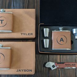 Spokane Gifts - Personalizable leather flasks with a unique leather box that were used as groomsman gifts. These are a fantastic gift that will last.