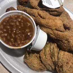 Catfish, fries green tomatoes and beans. The catfish is delicious! Catfish, fries green tomatoes and beans. The catfish is delicious!