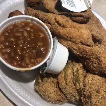 Top Hat Barbecue - Catfish, fries green tomatoes and beans. The catfish is delicious! - Barbeque Near Me - Blount Springs, Alabama Top Hat Barbecue - Catfish, fries green tomatoes and beans. The catfish is delicious! - Barbeque Near Me - Blount Springs, Alabama