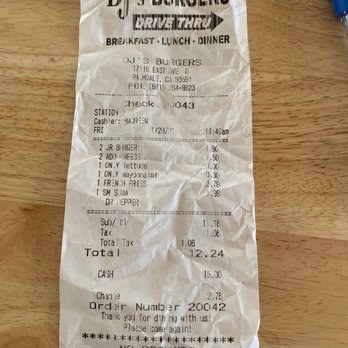 DJ's Burgers - the receipt for the restaurant - Burgers Near Me - Palmdale, California DJ's Burgers - the receipt for the restaurant - Burgers Near Me - Palmdale, California