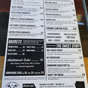 Grand Canyon Brewing Distillery - Back of the menu. - Brewpubs Near Me - Kingman, Arizona