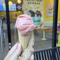 Vegan strawberry sorbet on a sugar cone. Vegan strawberry sorbet on a sugar cone.