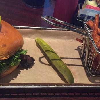Hops Burger Bar - Diablo burger and sweet potato fries - Burgers Near Me - Greensboro, North Carolina Hops Burger Bar - Diablo burger and sweet potato fries - Burgers Near Me - Greensboro, North Carolina