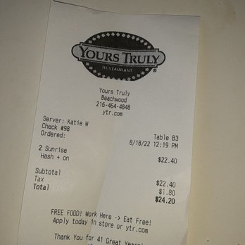 Yours Truly Restaurants - The check. - American Near Me - Beachwood, Ohio